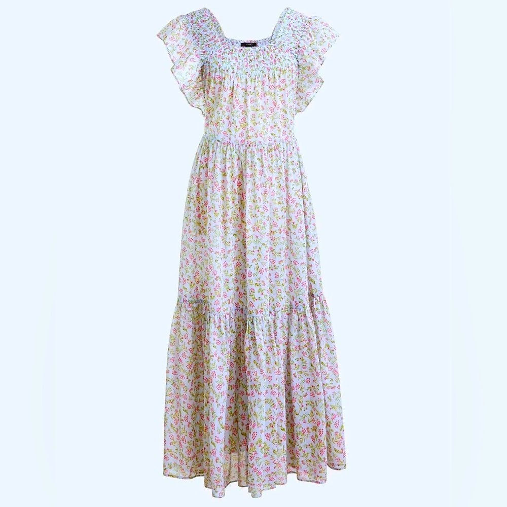 J. Crew M Smocked Flutter Sleeve Cloud Meadow Floral Maxi Dress Blue Pink Green
